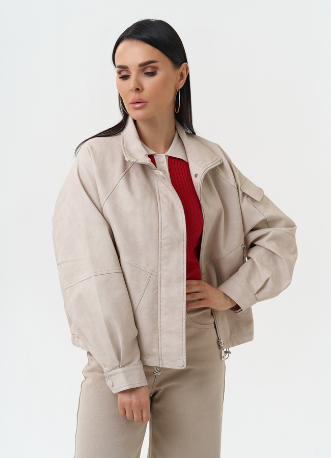 Куртка бомбер из эко кожи с воротником стойкой модель № 30341 меха малина