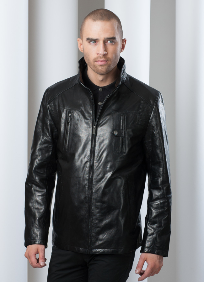 Кожаная куртка на молнии с перфорированными вставками модель № KP-27 меха малина