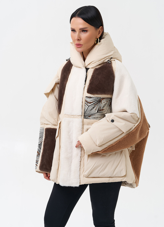 фото Комбинированный женский пуховик с капюшоном модель № 28376