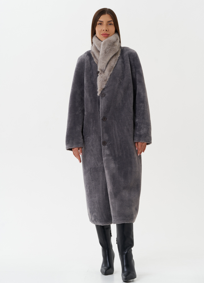 Длинная дубленка из эко кожи с воротником шаль модель № 27782 универмаг малина