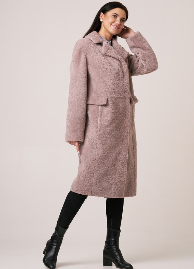 Пальто из овчины с английским воротником модель № 6494 меха малина