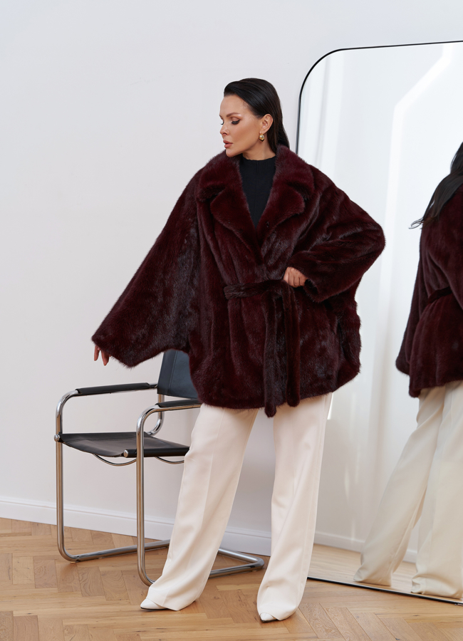 Шуба из меха норки с английским воротником модель № 27592 меха малина