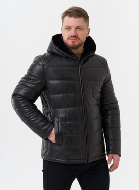 Пуховик из натуральной кожи с отделкой из мутона