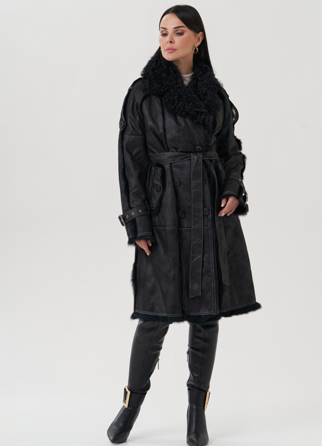 фото Пальто черного цвета с мехом кролика модель № 25540