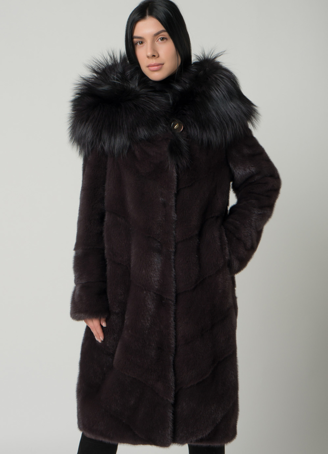 Длинная норковая шуба с капюшоном из чернобурки модель № 1603 универмаг малина