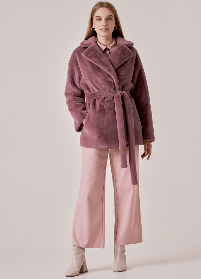 Шуба из искусственного меха с поясом модель № 1098-1 меха малина