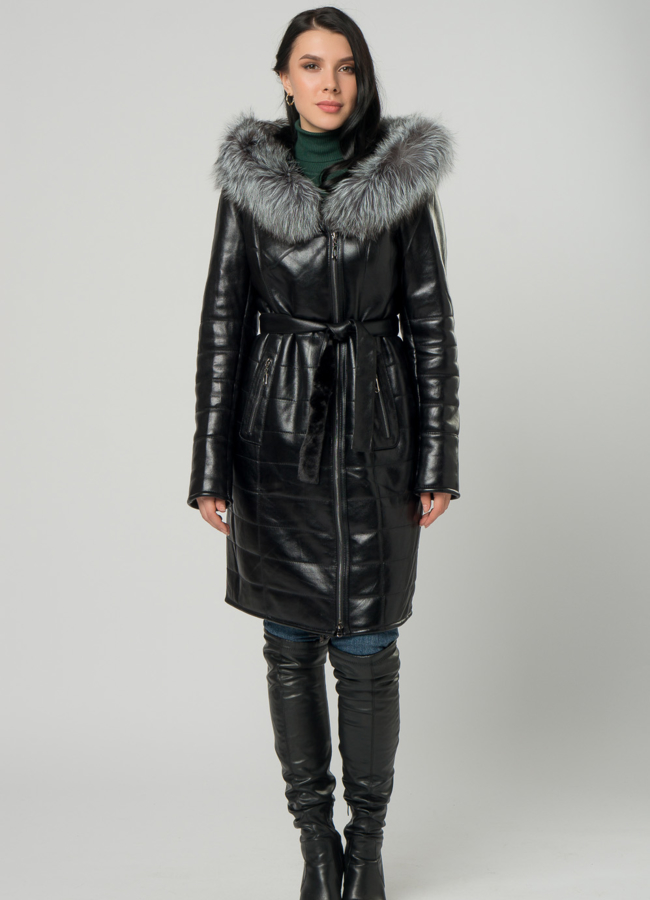 фото Дубленка из эко кожи с капюшоном модель № 61482