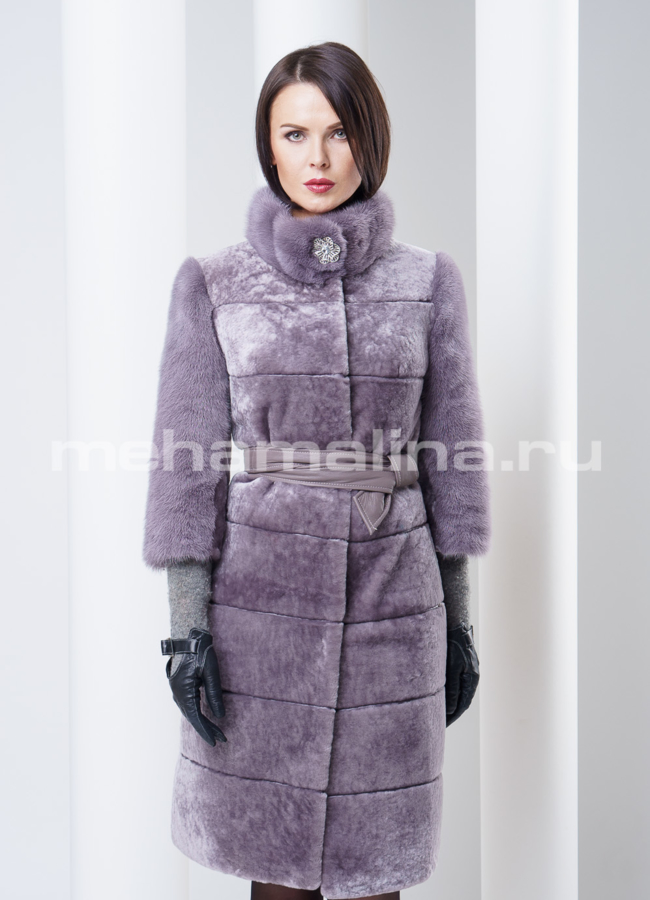 Шуба из мутона с норкой, цвет сапфир модель № S-289 в кредит