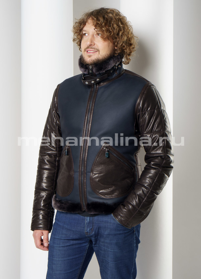 Мужская дубленка на молнии с воротником стойка модель № DM-134 универмаг малина