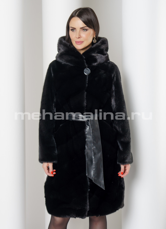 Норковая шуба черного цвета с капюшоном модель № S-778 универмаг малина