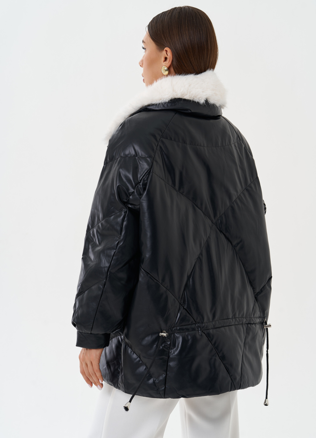 Пуховик из эко кожи с воротником из эко меха модель № 25468 универмаг малина