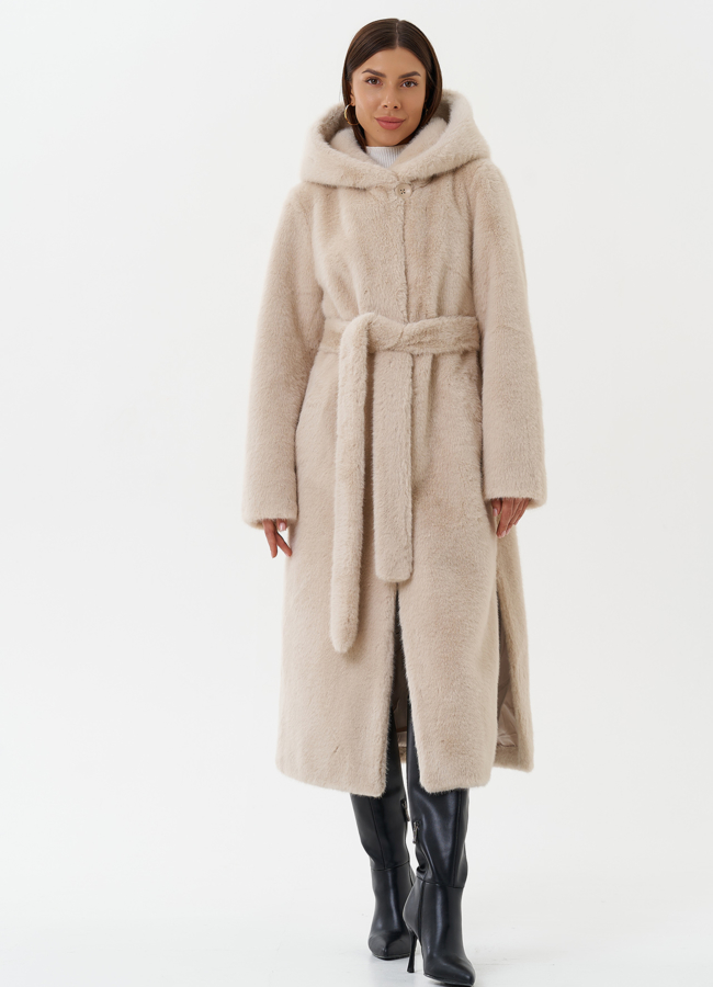 Удлиненная шуба из экомеха с капюшоном модель № 1333 универмаг малина