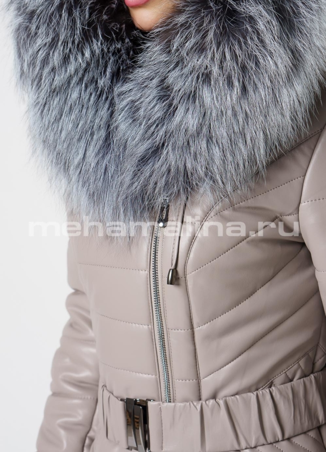 Бежевый пуховик из эко кожи с капюшоном модель № 1919 в рассрочку