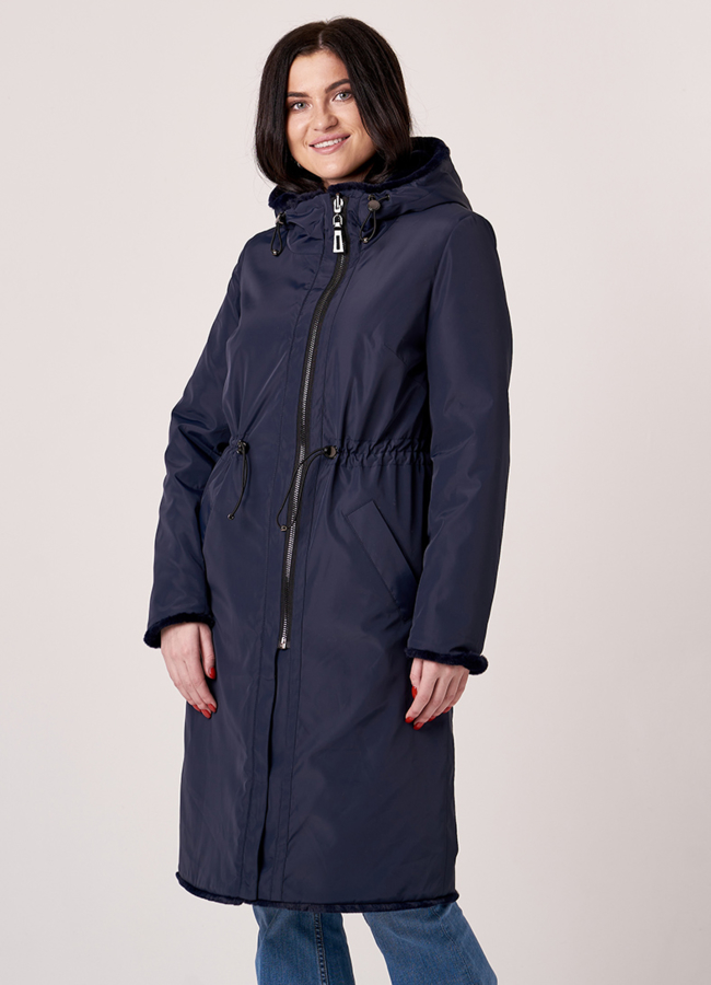 фото Шуба синяя из эко меха с капюшоном модель № 19009