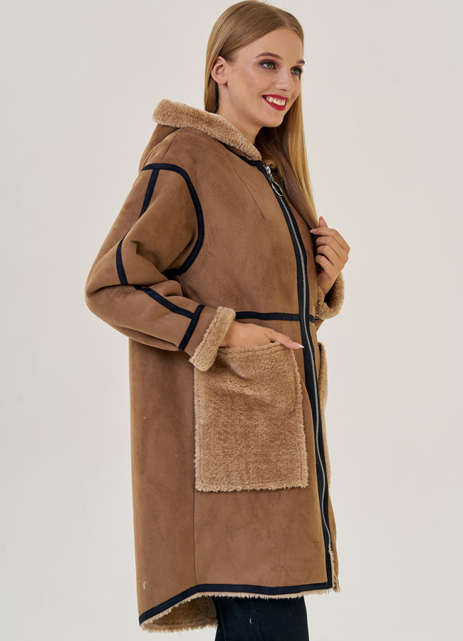 Женская эко дубленка с капюшоном модель № 22958 универмаг малина