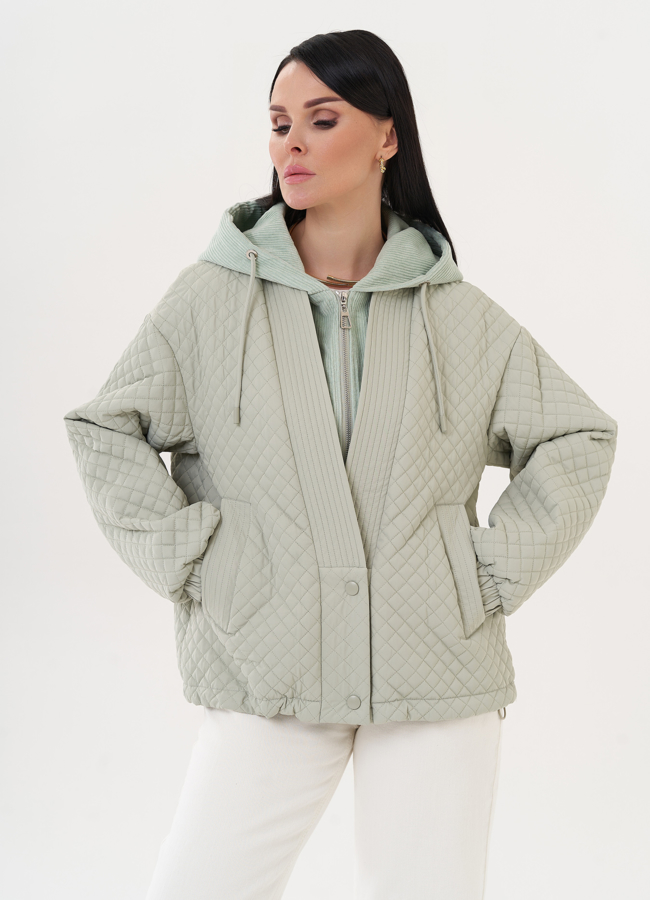 Стеганая куртка с вельветовым капюшоном модель № 27001 меха малина