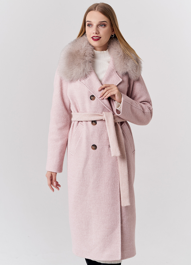 Зимнее пальто оверсайз бежевого цвета с отделкой из песца модель № 21834 меха малина