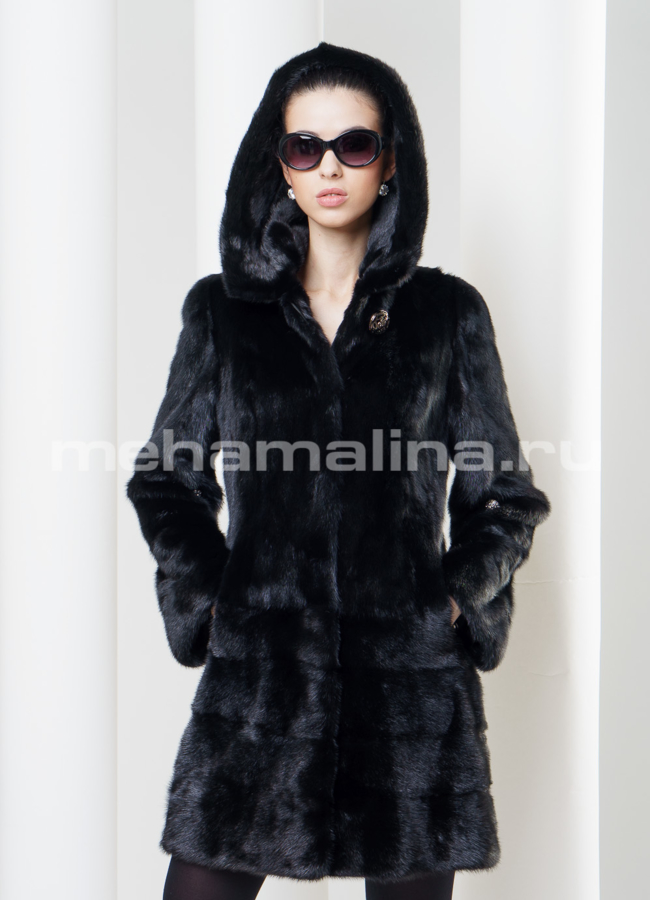 Шуба из меха норки с капюшоном модель № S-343 меха малина