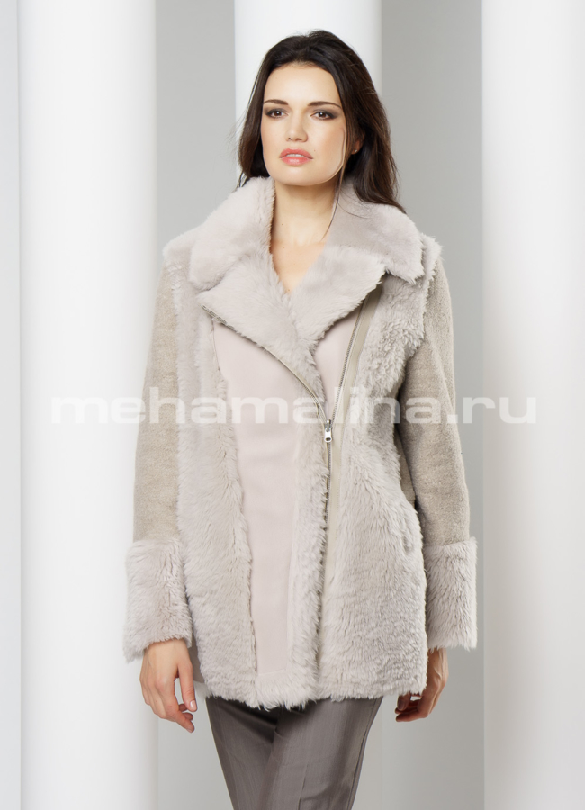 Укороченная дубленка модель № D-213 меха малина