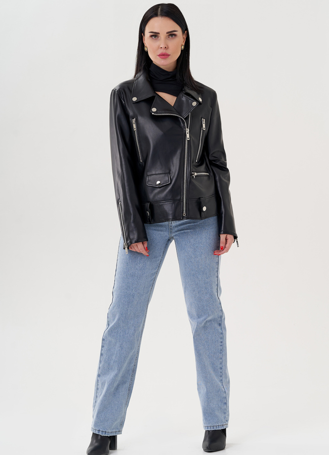 фото Куртка косуха из эко кожи черного цвета  модель № 24218