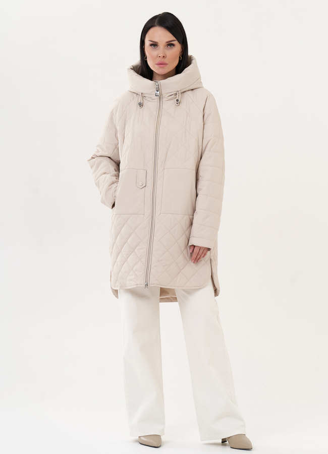 Пуховик с капюшоном бежевого цвета модель № 26983 в кредит