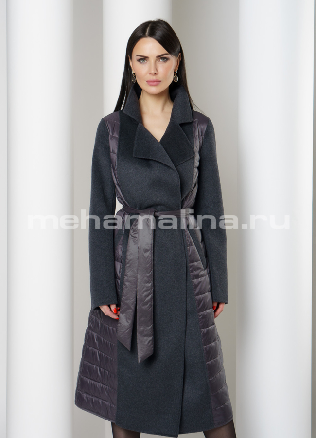 Комбинированное пальто с английским воротником модель № 3456 меха малина