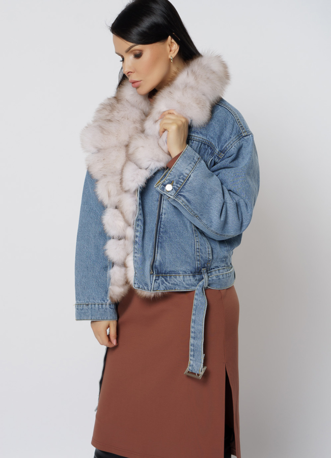 Утепленная джинсовая куртка с отделкой из песца модель № 21703 в рассрочку