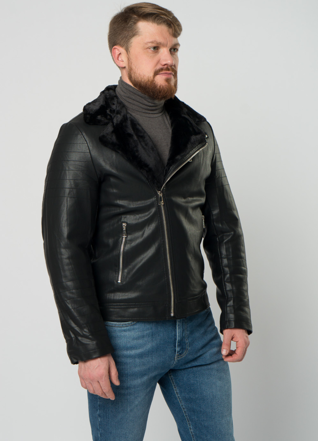 Мужская эко дубленка-косуха черного цвета модель № 21966 универмаг малина