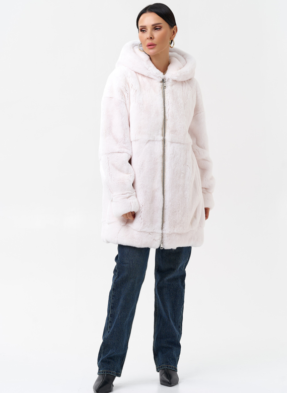 Шуба из меха кролика с капюшоном