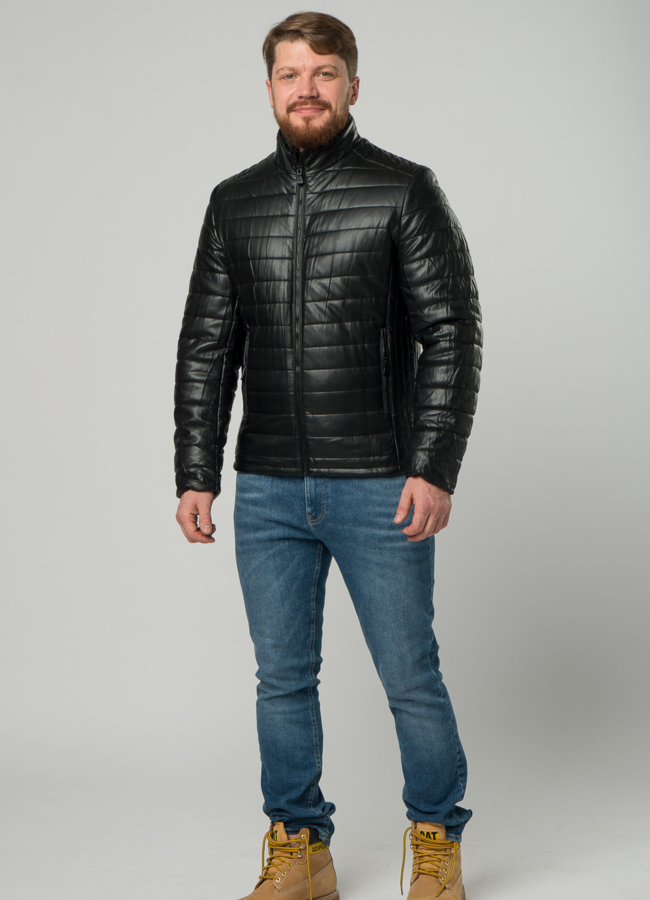 фото Мужской пуховик из эко кожи черного цвета модель № 21960