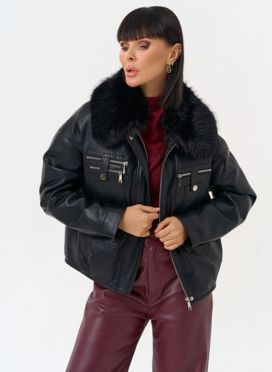 Женская утепленная куртка из эко кожи черного цвета Женская утепленная куртка из эко кожи черного цвета