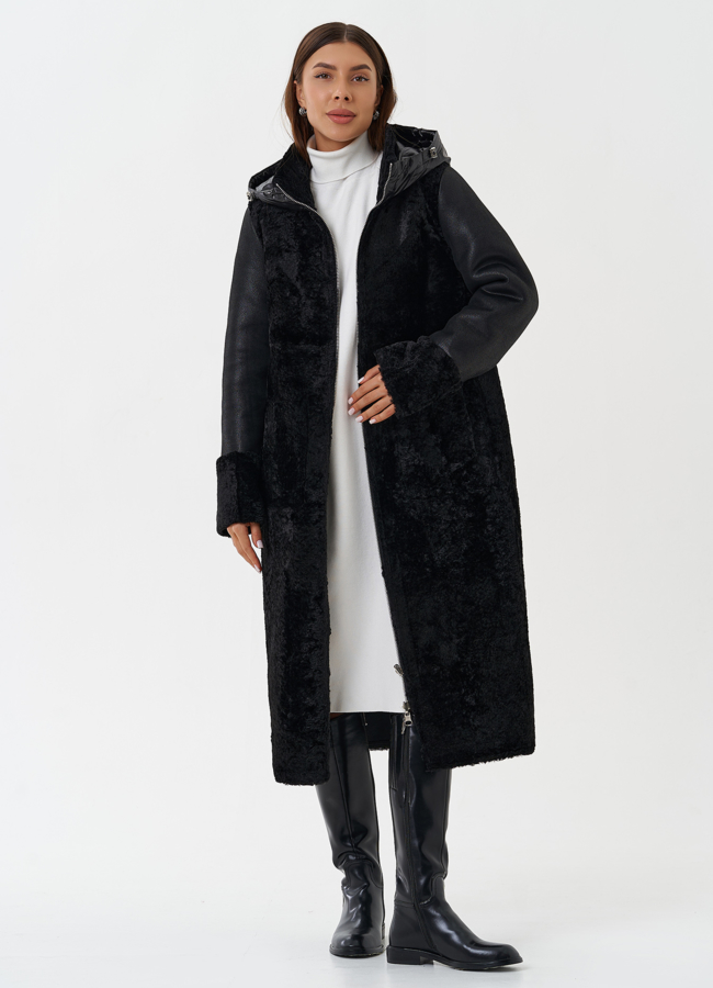 Двухсторонняя дубленка из эко кожи с капюшоном модель № 28563 универмаг малина