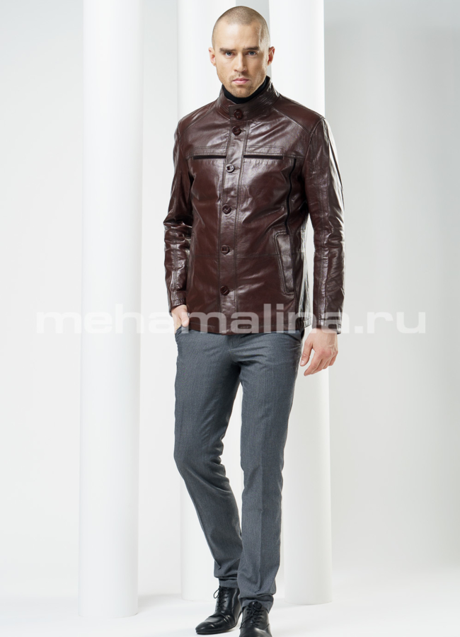 Кожаная куртка на пуговицах, цвет коричневый модель № KP-80 меха малина