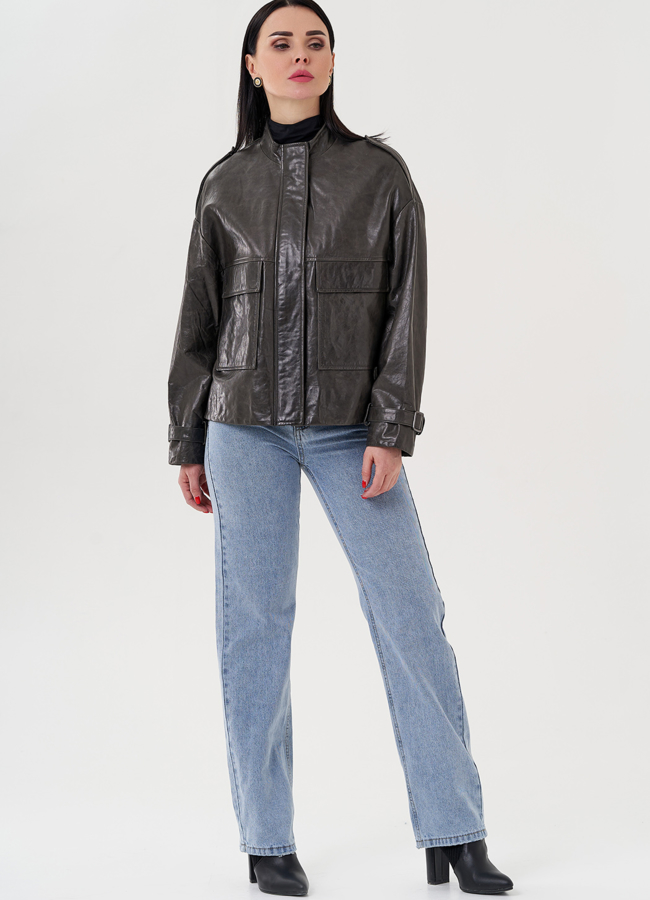 фото Куртка - рубашка из кожи серого цвета модель № 22515