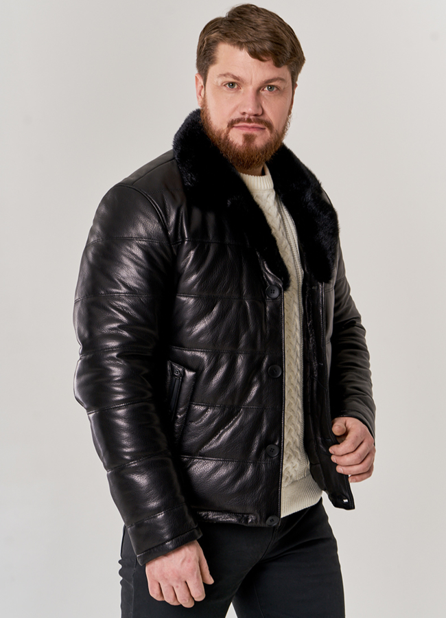 Мужской пуховик с английским воротником модель № П-502 меха малина