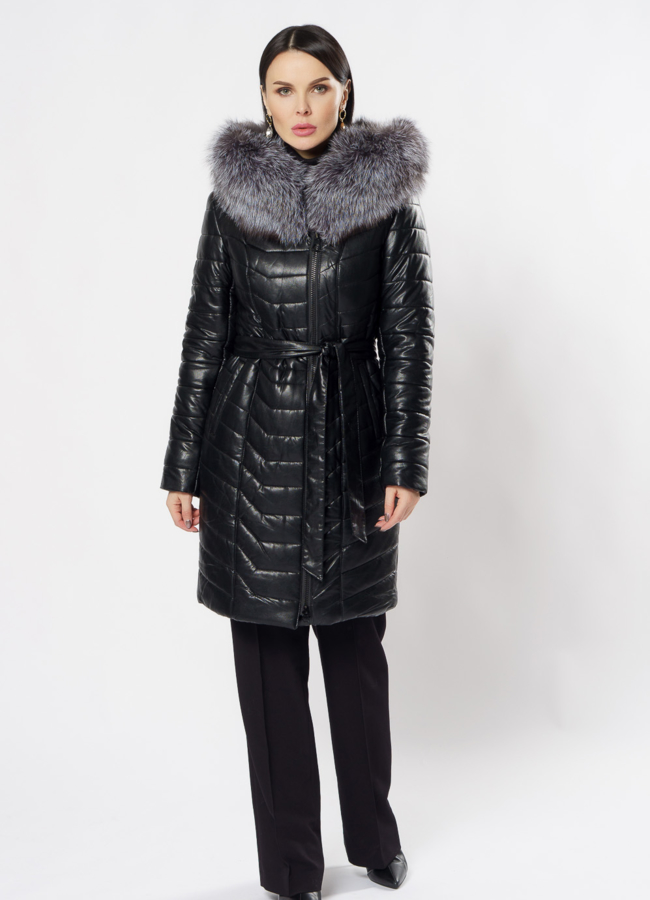 фото Пуховик из эко кожи черного цвета модель № 9801