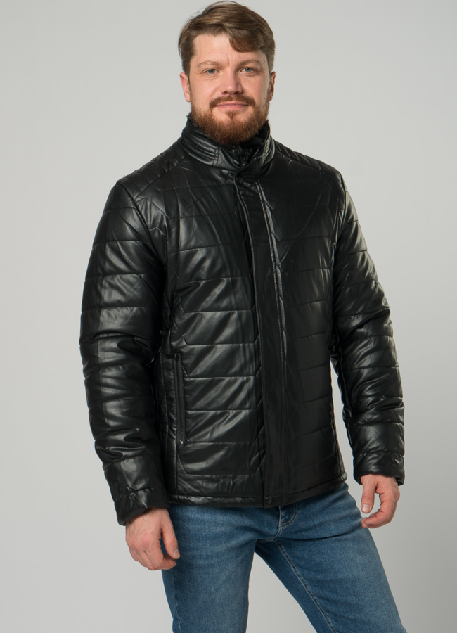 Мужской пуховик из эко кожи черного цвета модель № 21942 универмаг малина