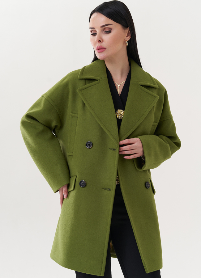 Двубортное пальто зеленого цвета модель № 26782 в рассрочку