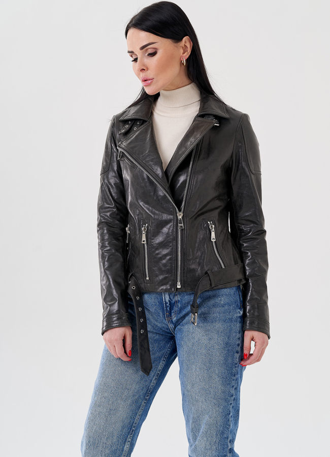 Женская куртка - косуха из натуральной кожи серого цвета  модель № 24121 универмаг малина