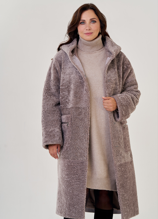 Шуба из овчины в сером цвете с капюшоном модель № 23212 универмаг малина