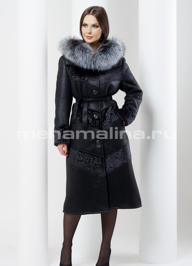 Удлиненная дубленка из эко кожи черного цвета модель № 1613 в рассрочку