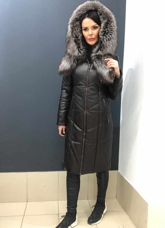 Пуховик из эко кожи с меховой отделкой  модель № 6160 в рассрочку