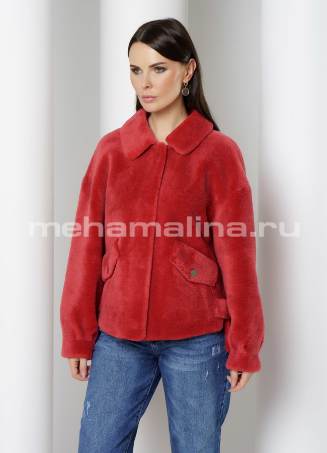 Укороченная шуба из эко меха красного цвета модель № 1012 меха малина