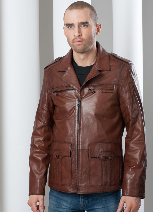 Куртка кожаная на молнии, английский воротник, цвет коричневый модель № KP-35 меха малина