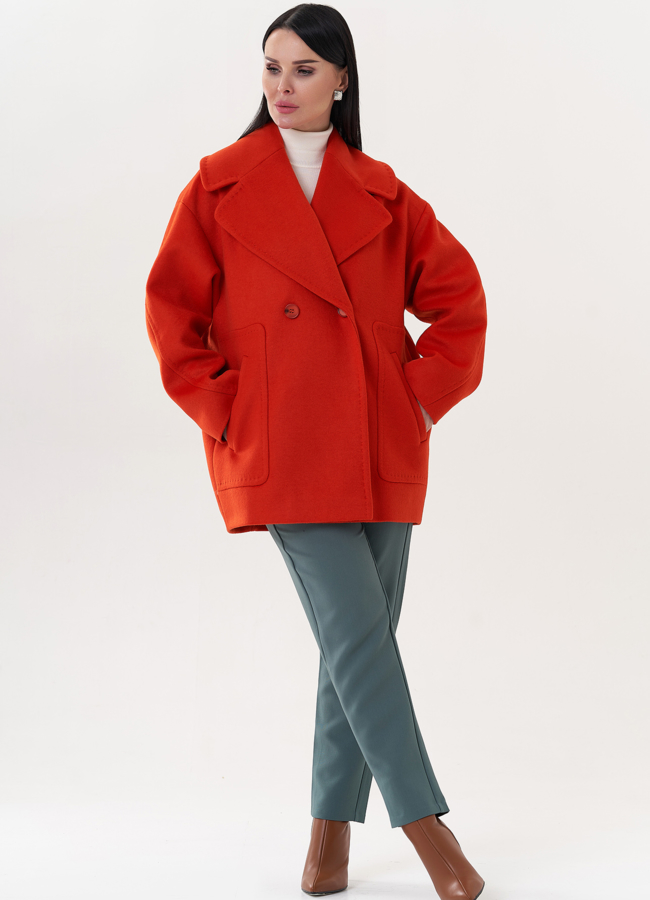 Женское полупальто в оранжевом цвете модель № 26240 в рассрочку