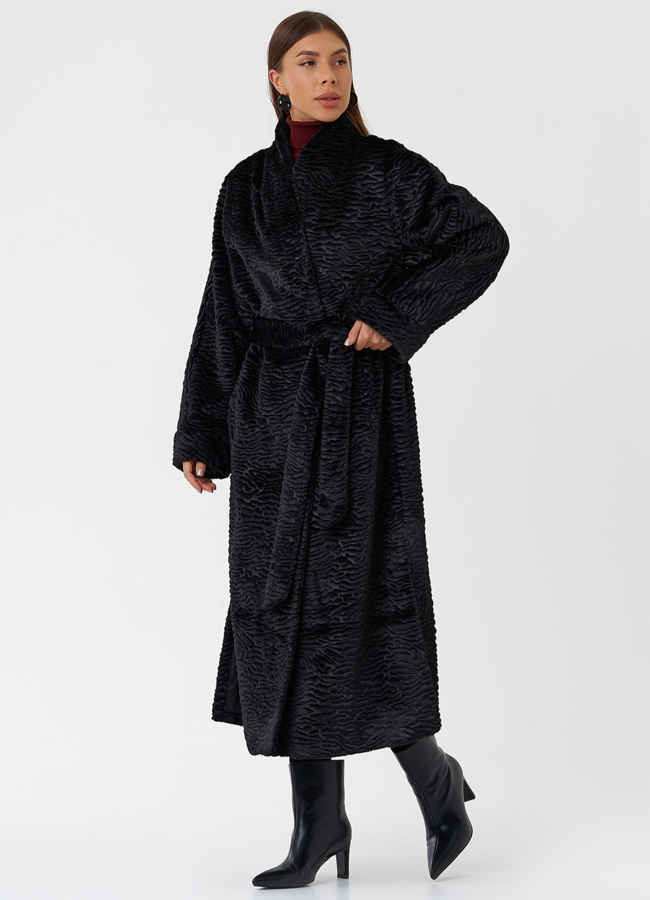 Пальто из эко меха под каракуля модель № 28672 меха малина