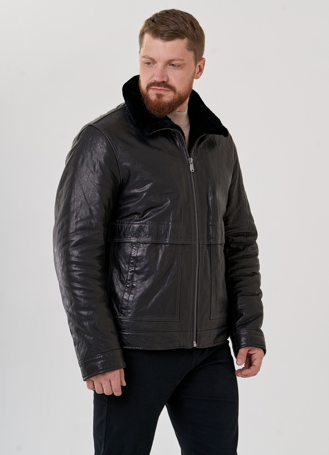 Мужской пуховик из натуральной кожи модель № 79169 меха малина