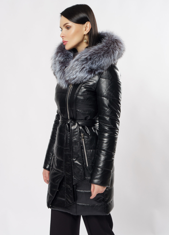 Пуховик из эко кожи с капюшоном  модель № 8779 в кредит