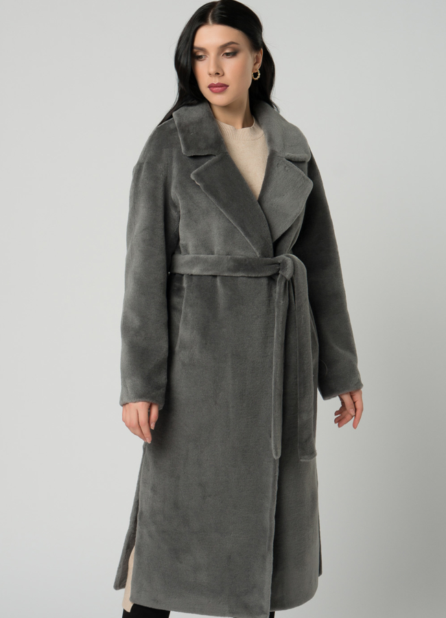 Женское пальто из шерсти в длине макси модель № 21550 меха малина