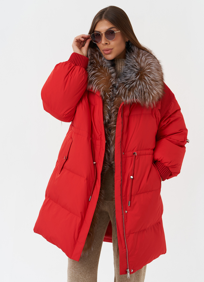 Пуховик с мехом лисы модель № 28828 меха малина